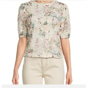 Nanette Lepore Ivory Med ‎ Multi Floral Lace Puff Sleeve Blouse Coquette  NWT